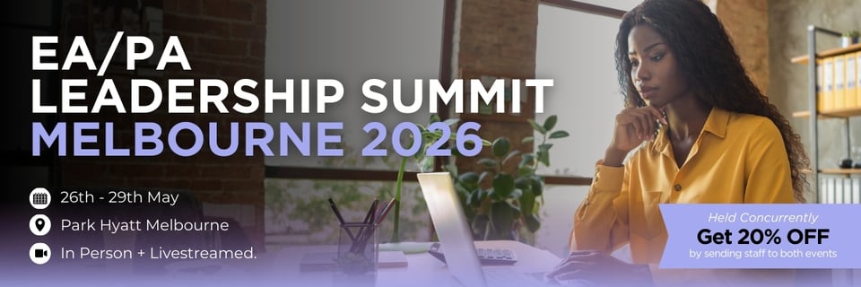 Professional woman working on a laptop for the EA PA Leadership Summit Melbourne 2026