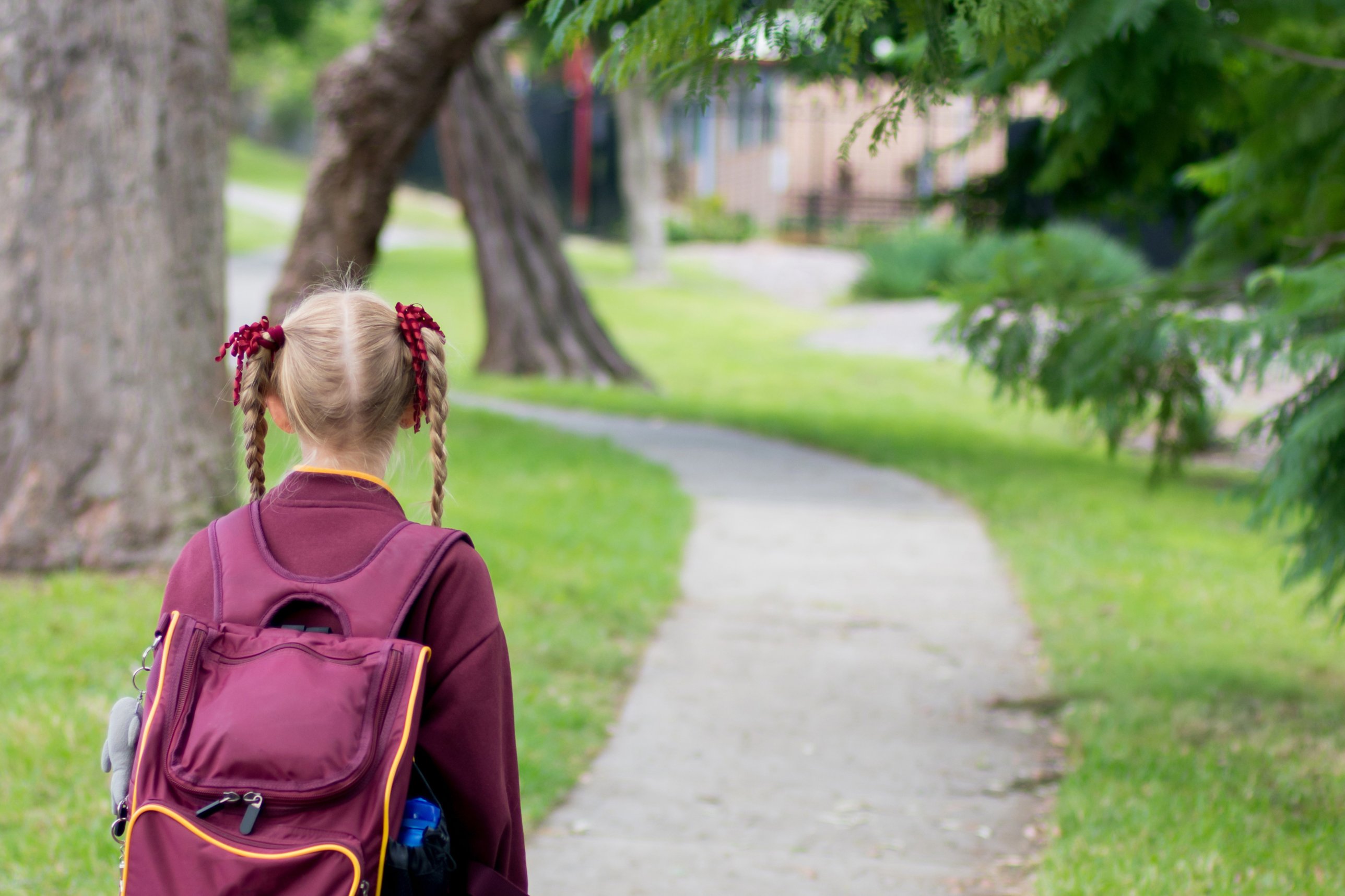 A primary school student in uniform walking alone along a path to school