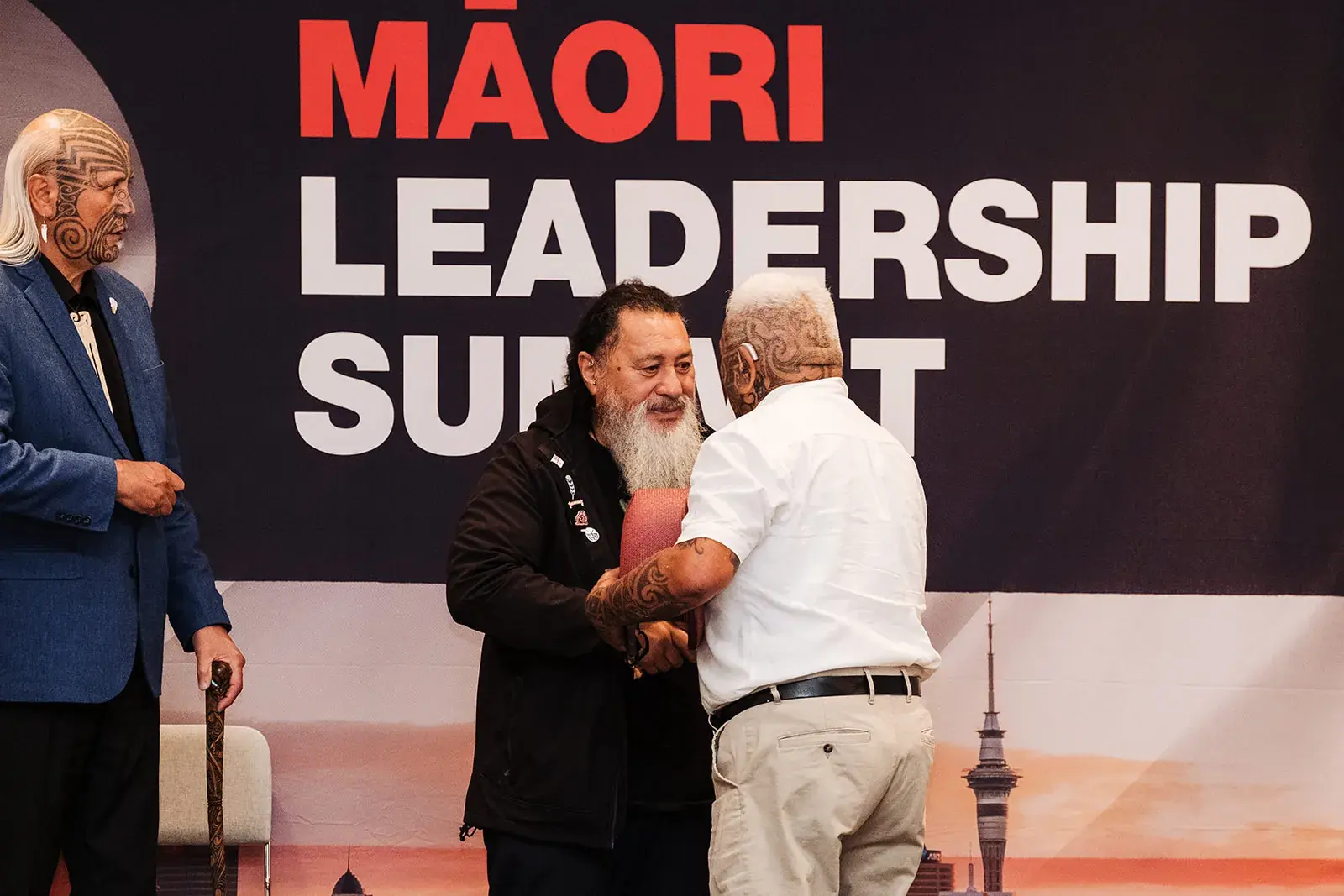 A hongi on stage at the Māori Leadership Summit 2025