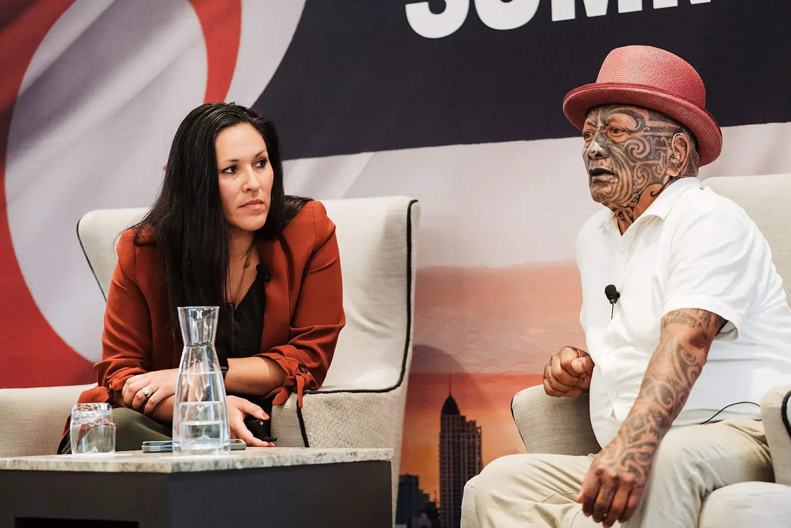 Ria Apiata in a fireside kōrero with Tāme Iti at the Māori Leadership Summit 2025