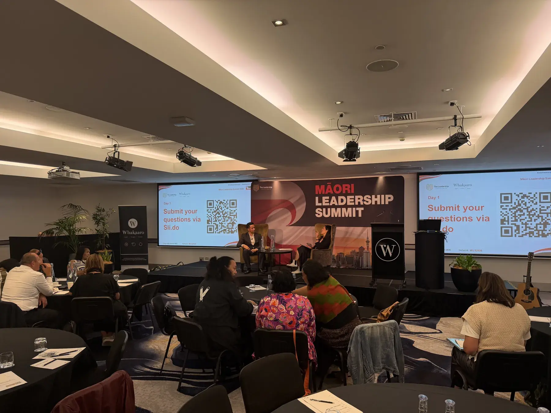 The conference room and stage at the Māori Leadership Summit 2026